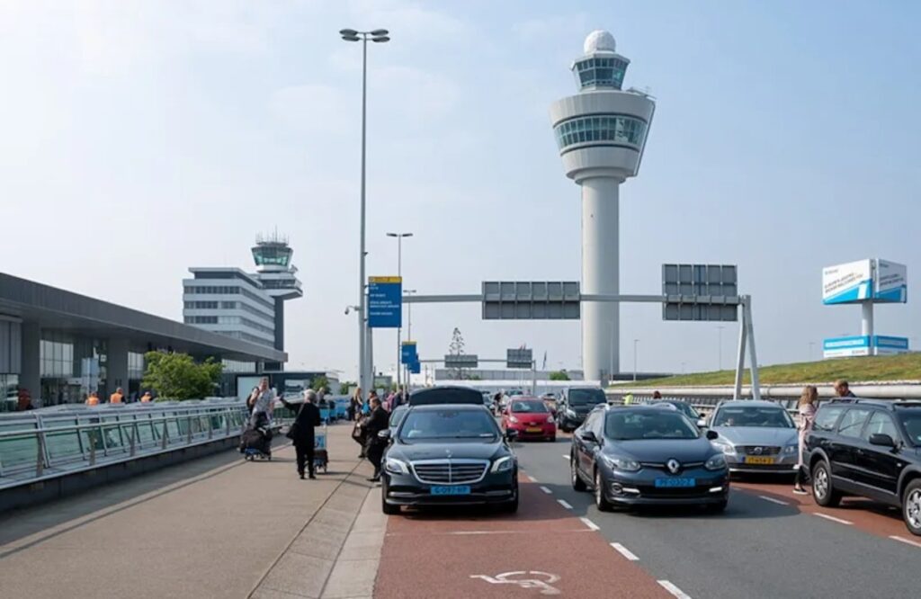 Amsterdam Airport Train vs Taxi: Which Is Better in 2026? 14 Taxis and airport vehicles waiting outside Schiphol