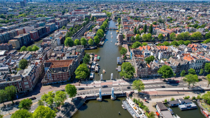 Aerial View of Canal and city center in Amsterdam, Netherlands