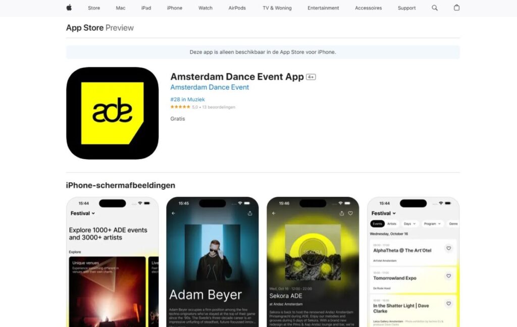 7 Tips For Amsterdam Dance Event To Maximize Your Experience Like A Local 2 App Store preview of the Amsterdam Dance Event App, featuring event details and artist profiles. Screenshots show vibrant, modern design elements.