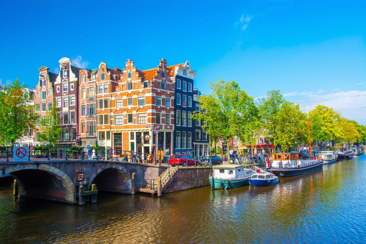 Panoramic view of the Amsterdam, Netherlands architecture and canal