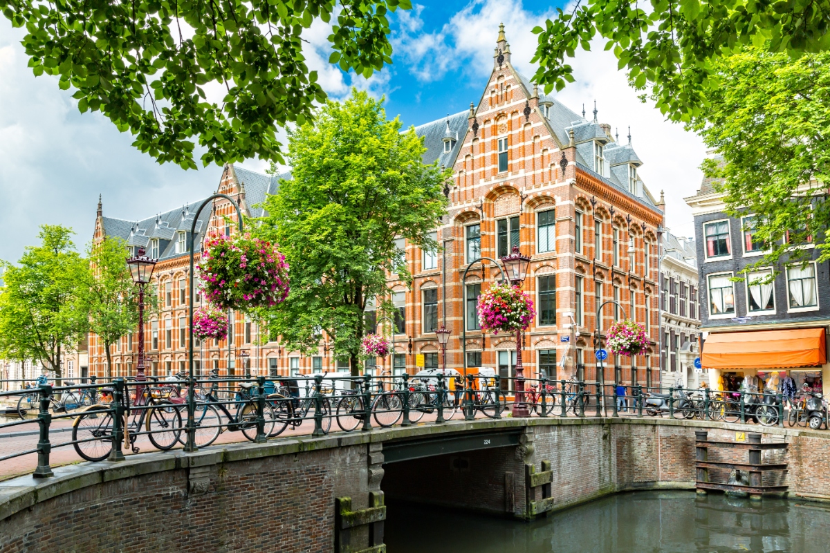 Canal-side with parked bicycles, houses, and plants in Amsterdam, Netherlands