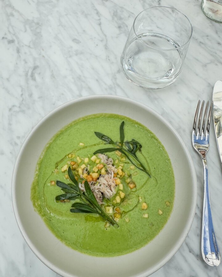 Pulitzer Amsterdam 5 Dutch Pea Soup 'Snert' with shredded chicken and vegetables, served at Pulitzer Garden, Amsterdam.