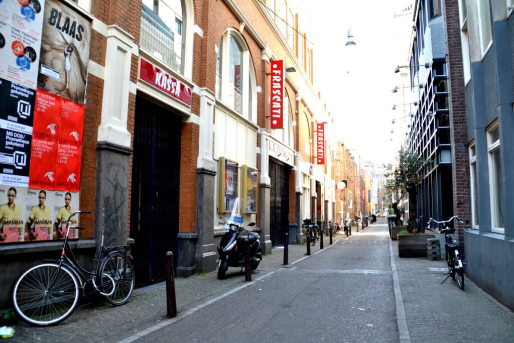 Exterior, sign, and the entrance of Frascati in Amsterdam, Netherlands