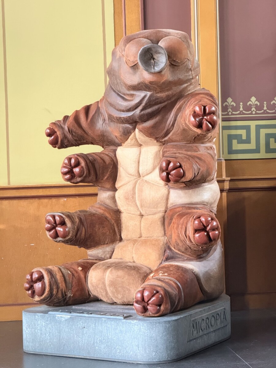 Giant sculpted tardigrade water bear on display pedestal inside Micropia Amsterdam