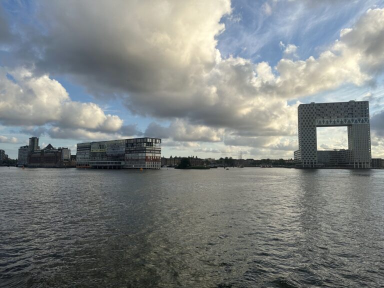 Modern Pontsteiger building overlooking the IJ river from the Houthavens in Amsterdam West