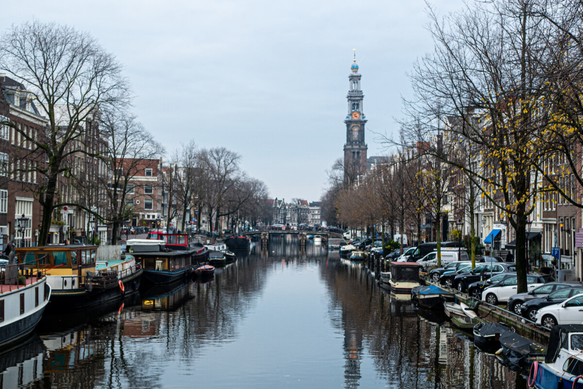 The Prinsengracht canal in Amsterdam, with the Westertoren tower prominently visible against the city skyline