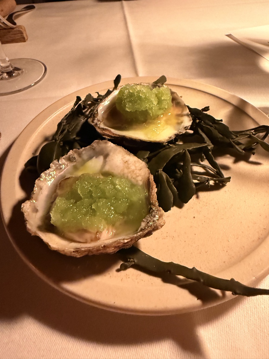 Vuurtoreneiland 11 Fresh oysters served on seaweed and topped with bright green cucumber granita and herb oil